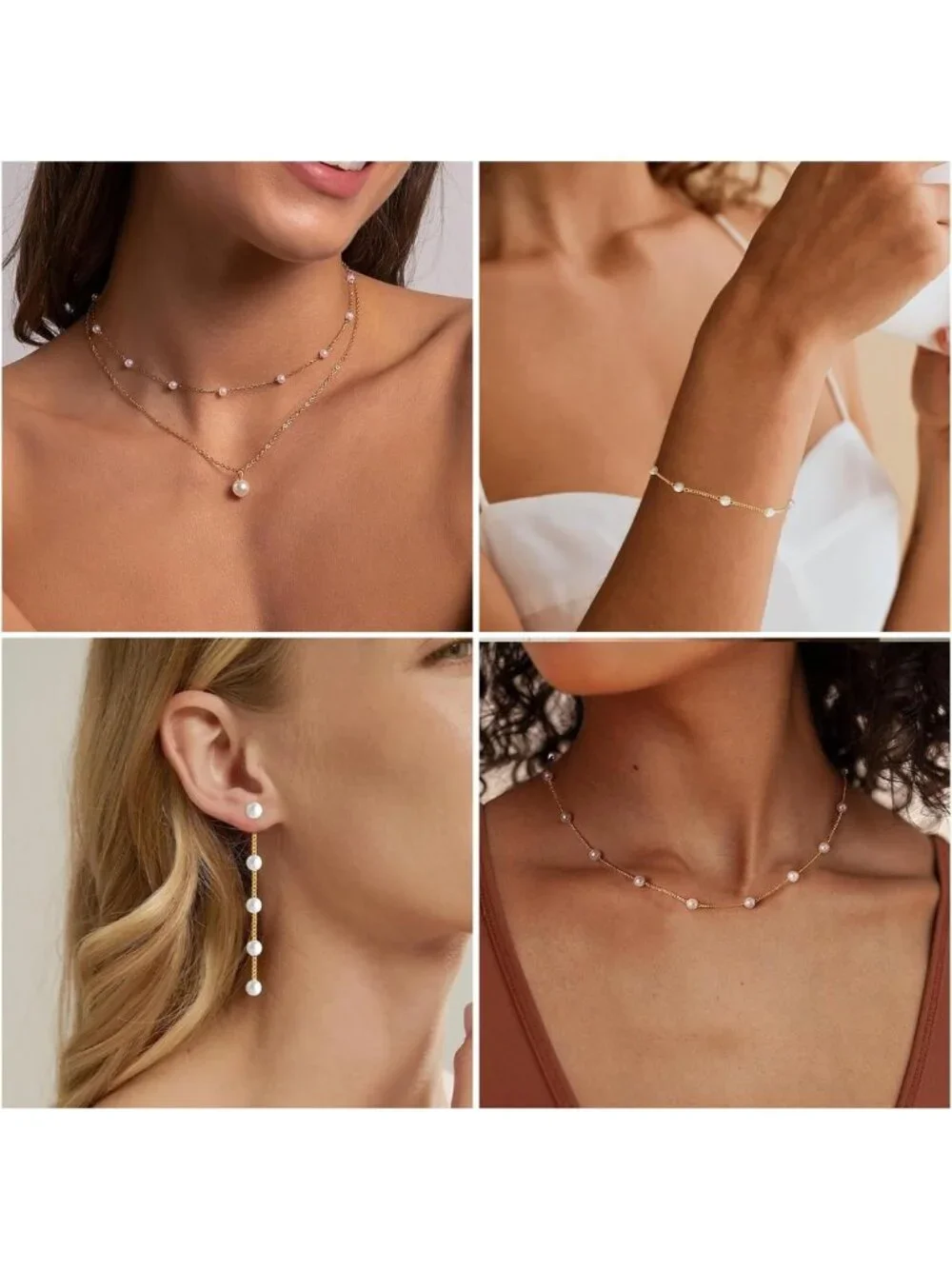Dainty 14K Gold/Silver Pearl Choker Necklace & Earring Set, Wedding Jewelry